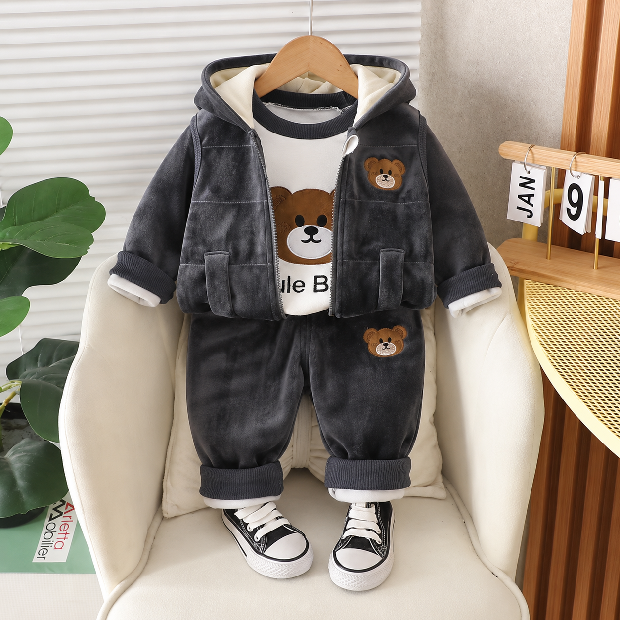 Boys Teddy Bear Velvet 3PC Hooded Set