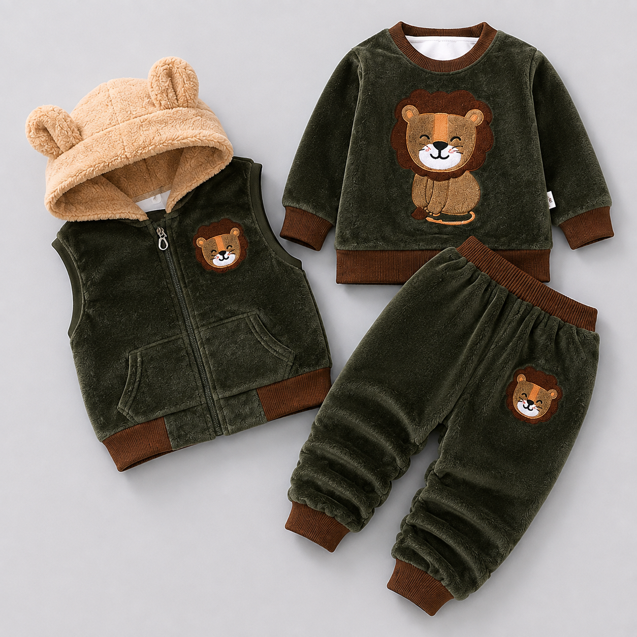 Little Lion Velvet 3PC Hooded Vest Set