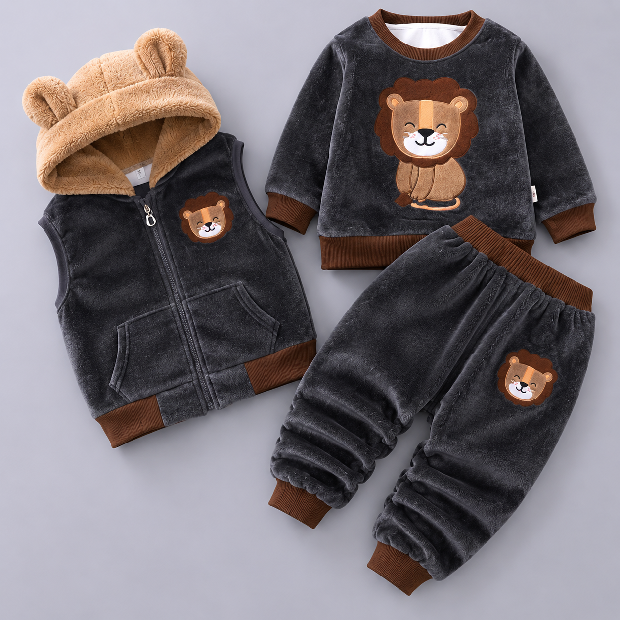Little Lion Velvet 3PC Hooded Vest Set