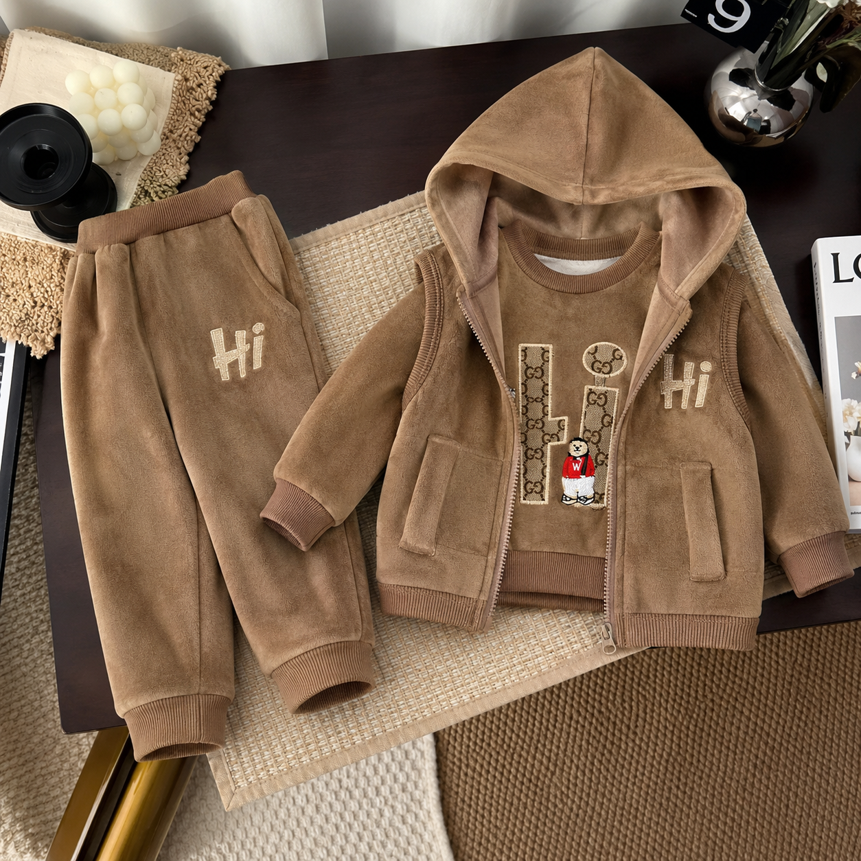 Hi Bear Velvet 3PC Hooded Vest Set