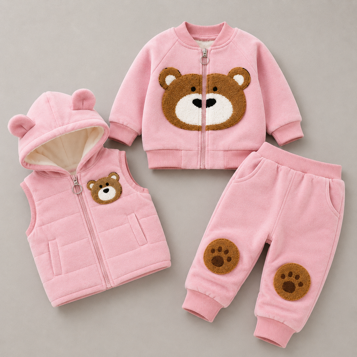 Teddy Bear Velvet 3PC Hooded Vest Set