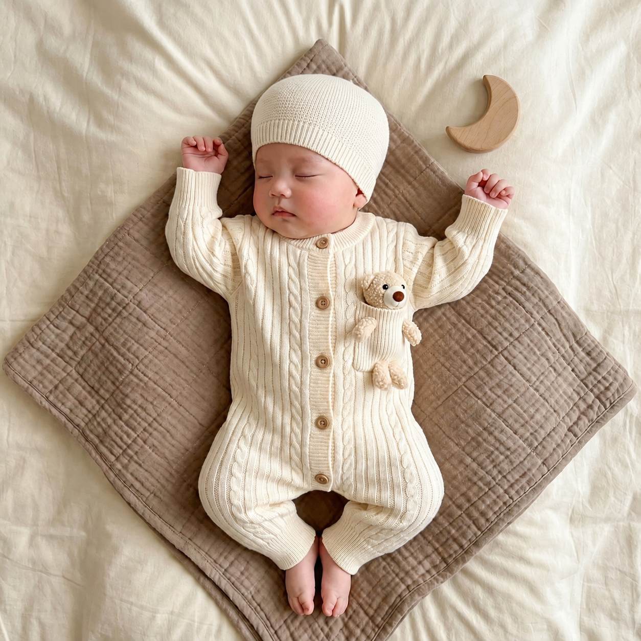 Baby Teddy Cable Knit Romper & Cap 2PC Set – 3 Colors