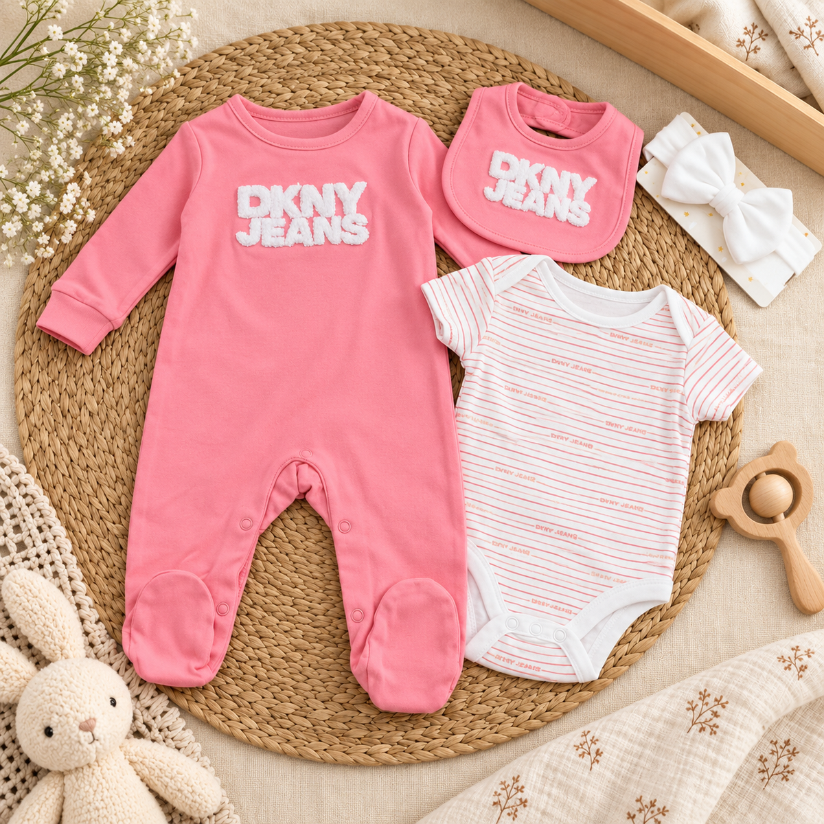 Baby Pink Logo Bib, Romper & Bodysuit Set
