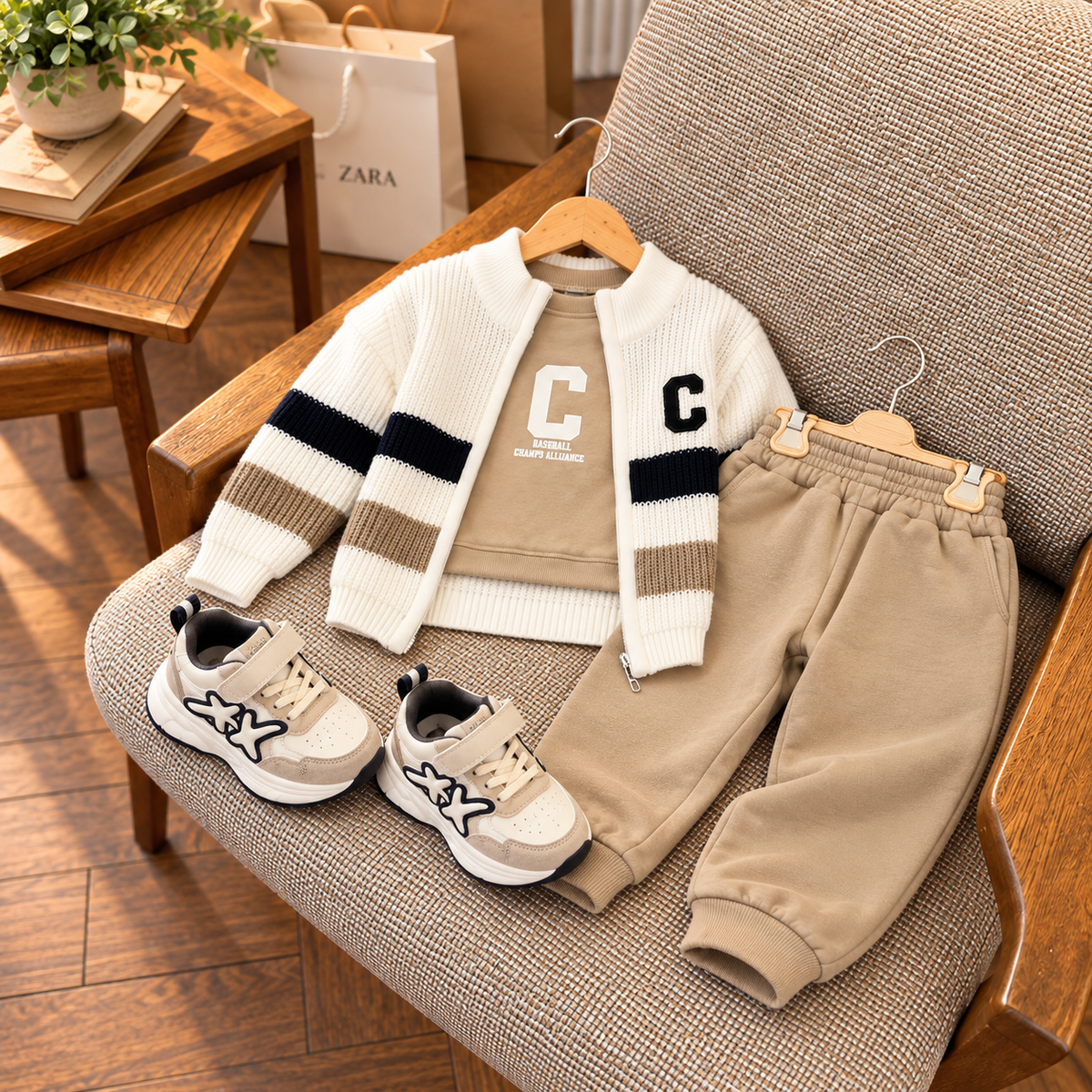 Baby Letter Patch Sweater, Shirt & Trouser Set