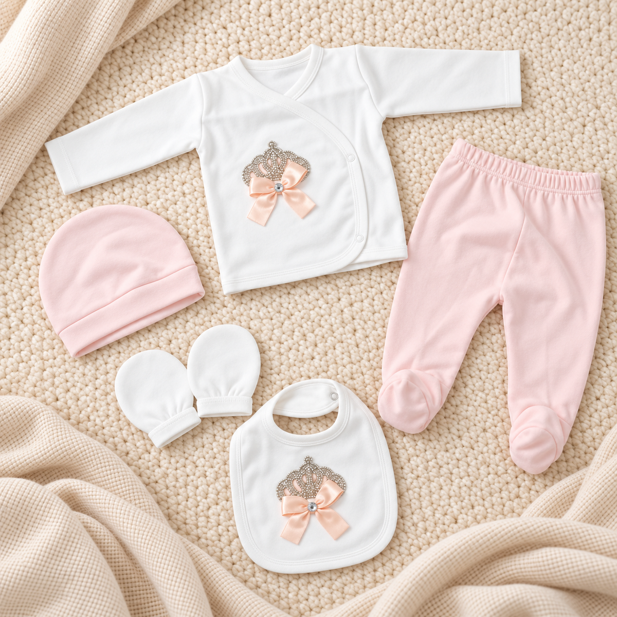 Baby Crown Bow Shirt & Footed Trouser 5PC Starter Set