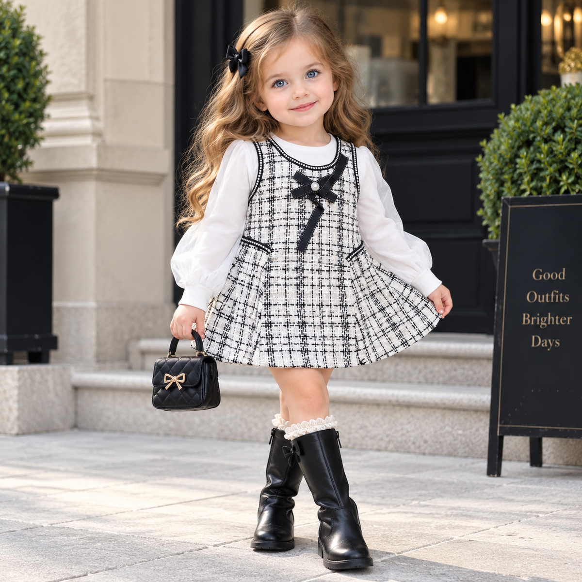 Girls Classic Tweed Bow Frock – 2 Colors | Faba Kids