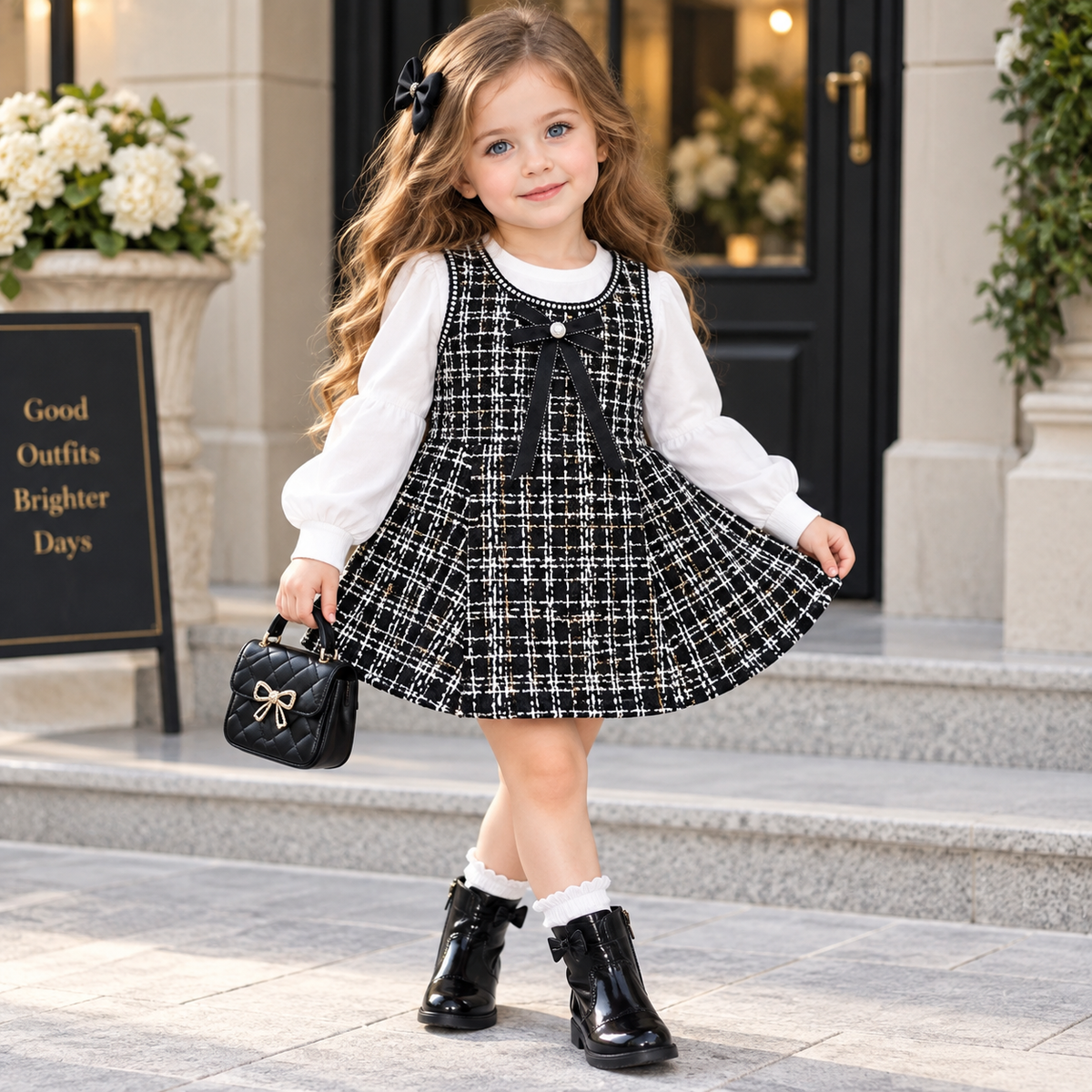Girls Classic Tweed Bow Frock – 2 Colors | Faba Kids