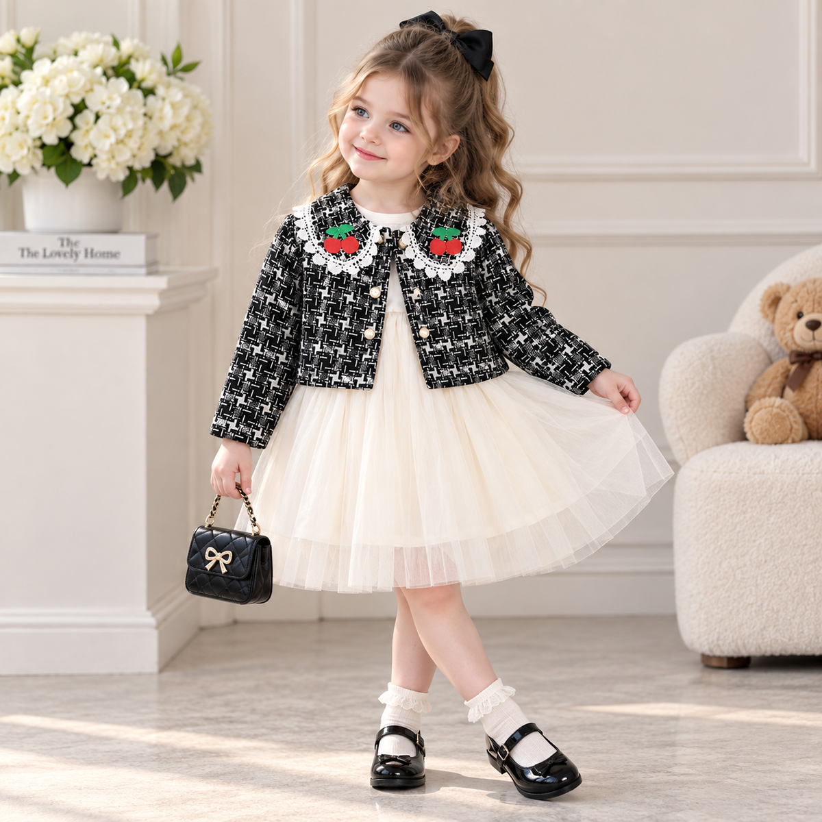 Girls Cherry Tweed Jacket & Tulle Frock Set – 2 Colors | Faba Kids