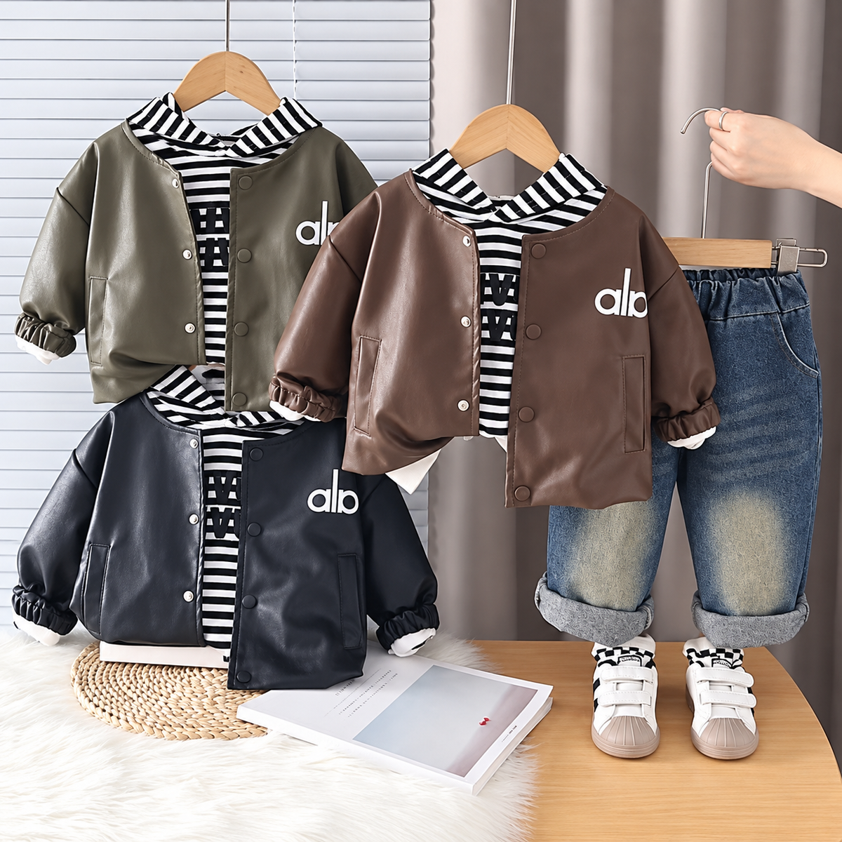 Kids 3PC Leather Jacket, Shirt & Denim Pants Set – Unisex