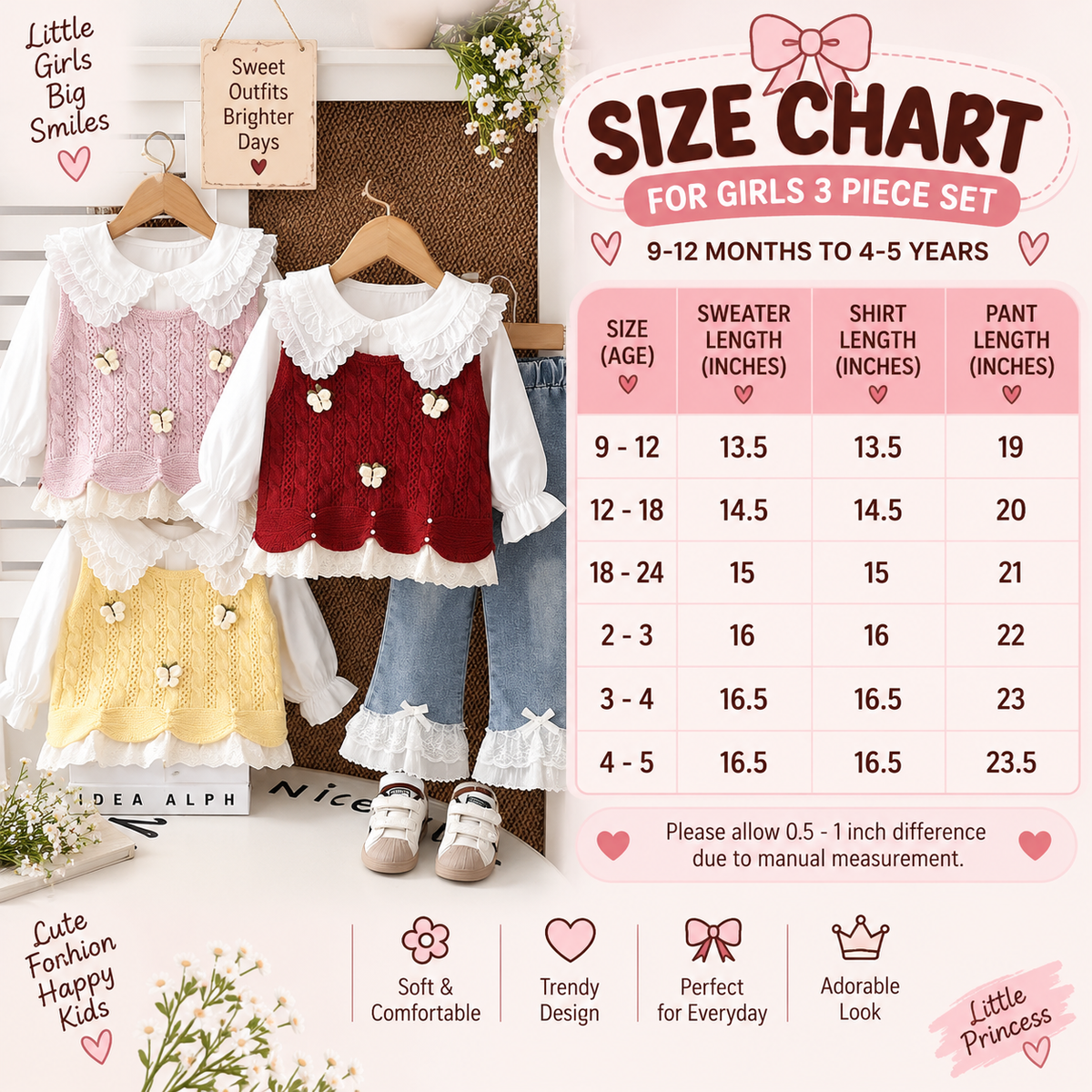Girls 3PC Lace Knit Sweater, Shirt & Denim Pants Set – 3 Colors | Faba Kids