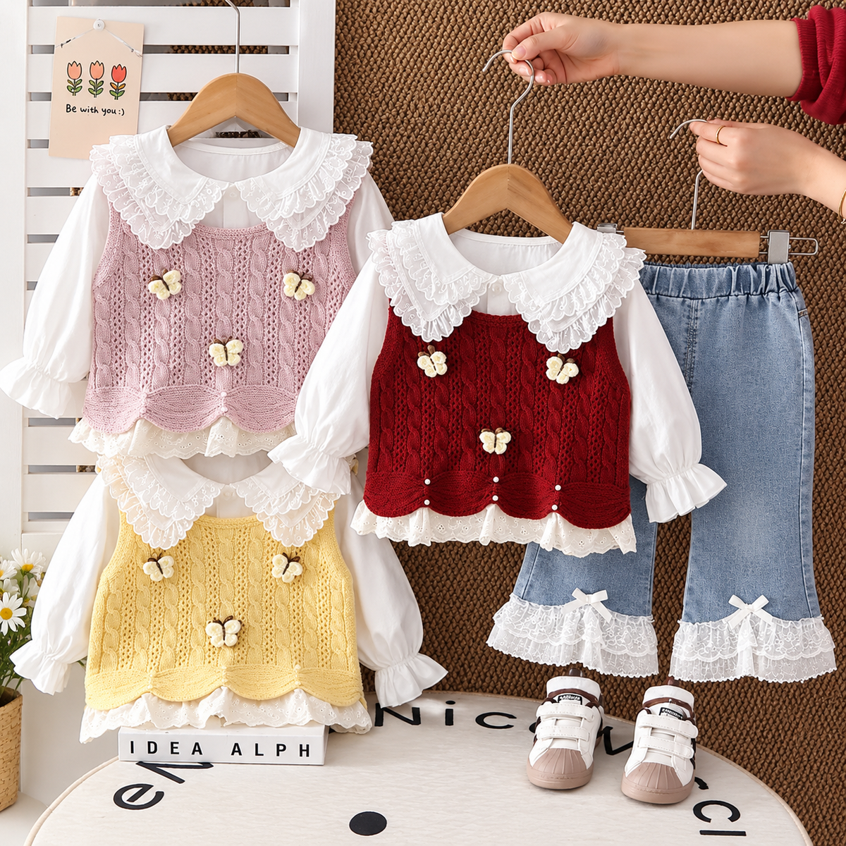 Girls 3PC Lace Knit Sweater, Shirt & Denim Pants Set – 3 Colors | Faba Kids