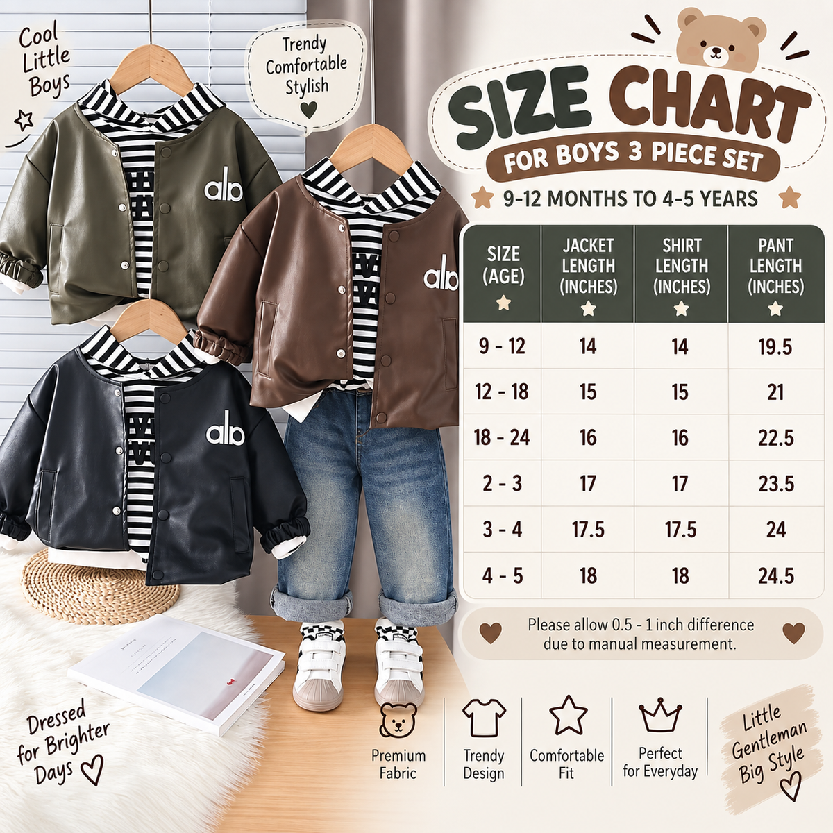 Kids 3PC Leather Jacket, Shirt & Denim Pants Set – Unisex