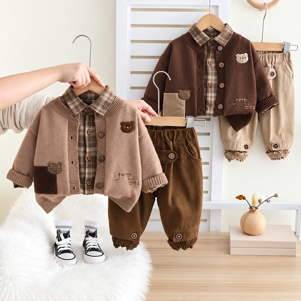 Kids 3PC Teddy Sweater, Check Shirt & Pants Set – 2 Colors