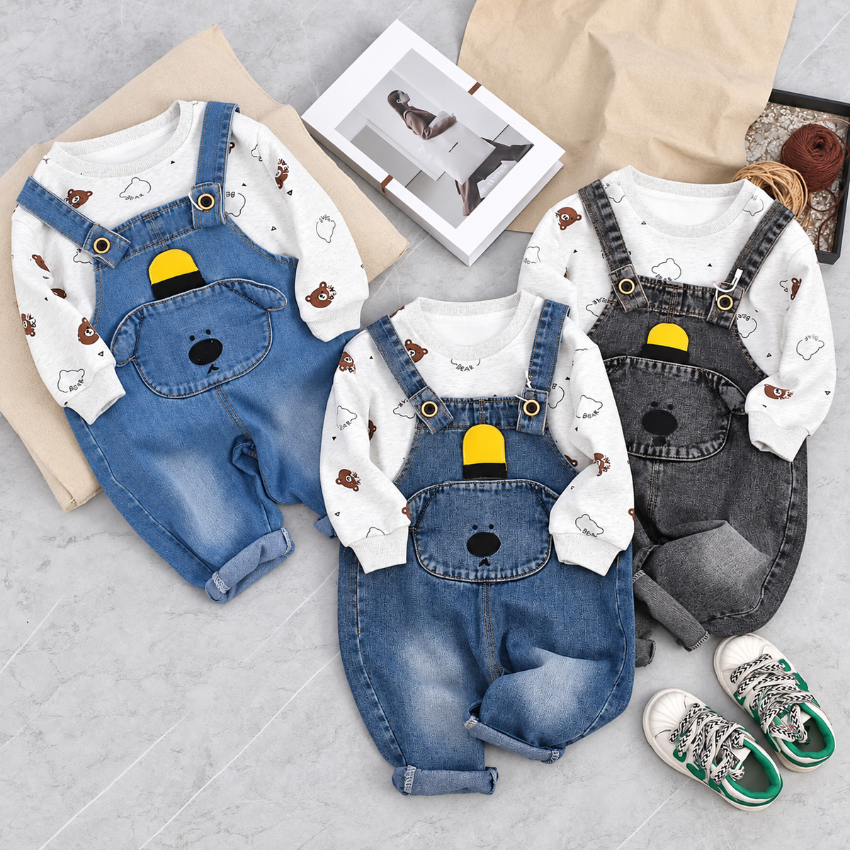 Boys 2PC Bear Denim Dungaree & Printed Shirt Set – 3 Colors | Faba Kids