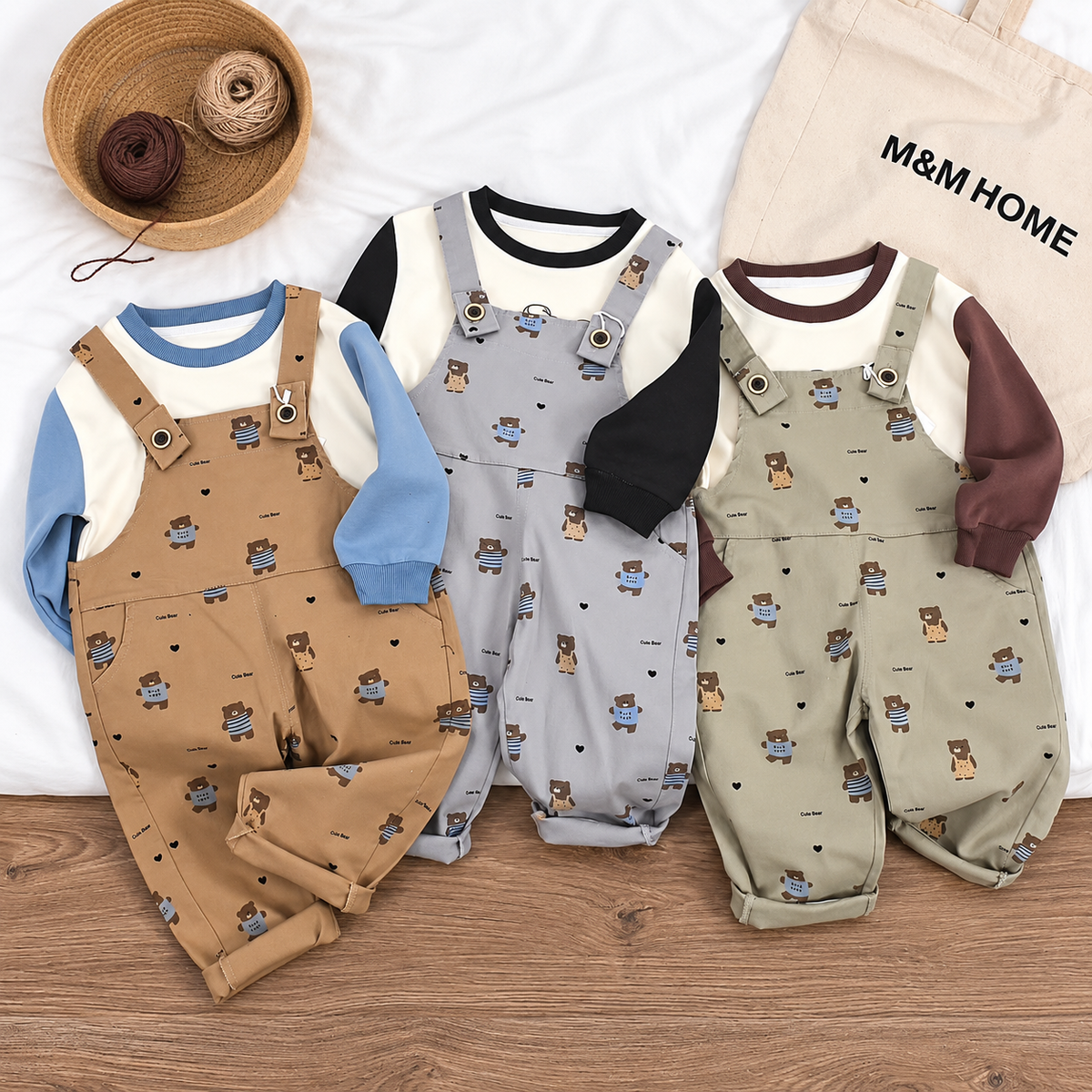 Kids 2PC Cute Bear Dungaree & Shirt Set – 3 Colors | Faba Kids