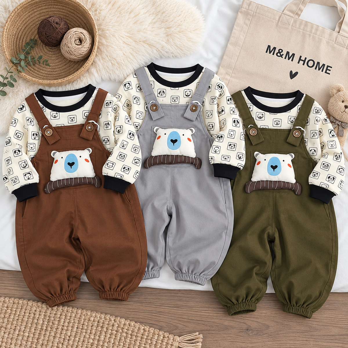 Boys 2PC Bear Dungaree & Printed Shirt Set – 3 Colors | Faba Kids
