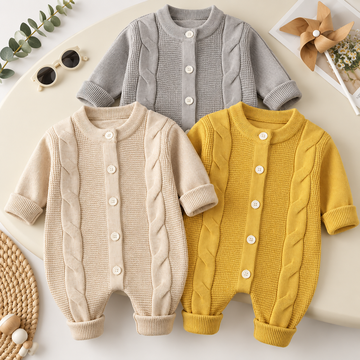 Textured Cable Knit Baby Romper – 1PC | 3 Colors | Faba Kids
