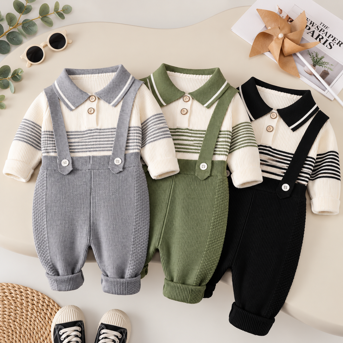 Boys 2PC Knitted Dungaree & Striped Polo Shirt Set – 3 Colors | Faba Kids