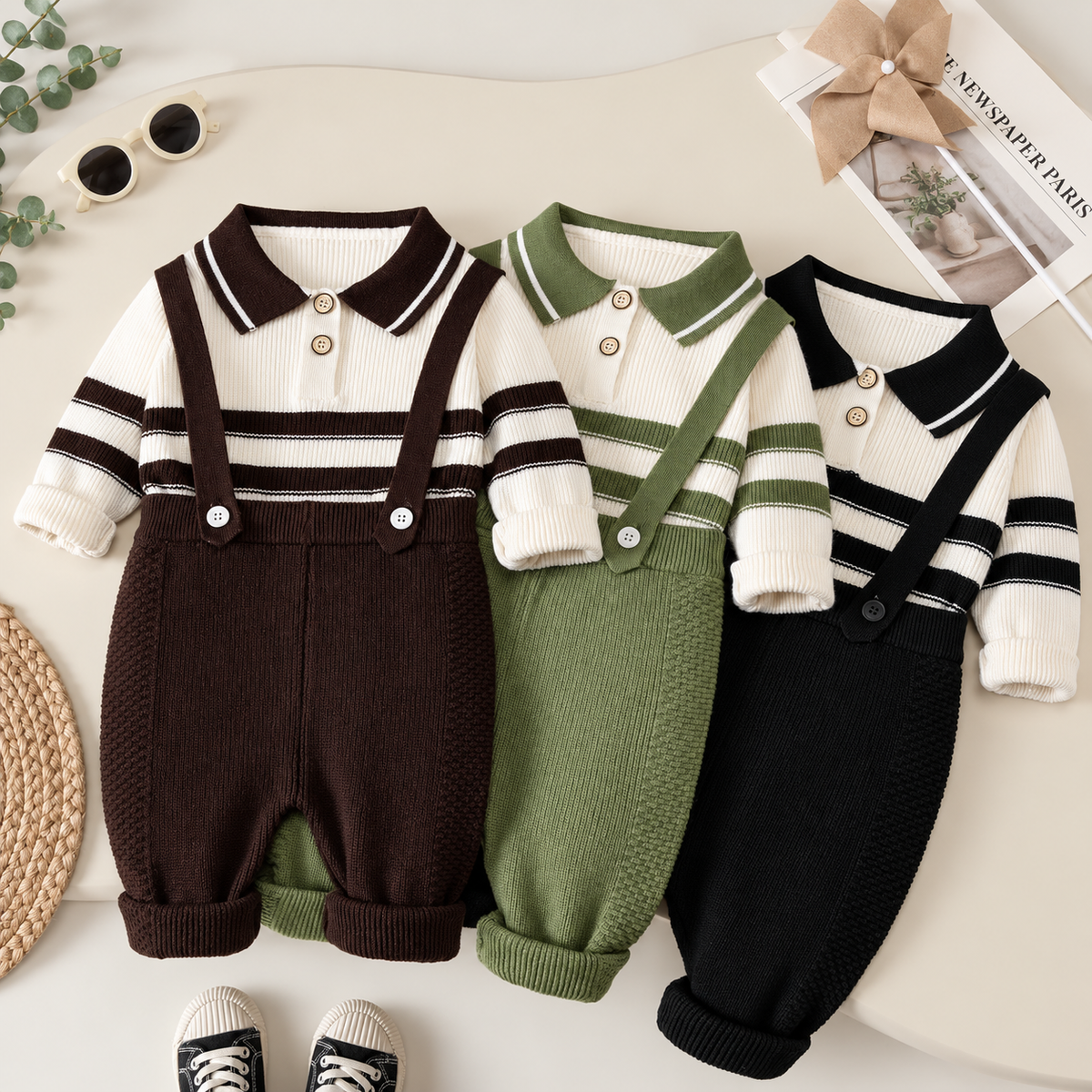 Boys 2PC Knitted Dungaree & Striped Polo Shirt Set – 3 Colors | Faba Kids