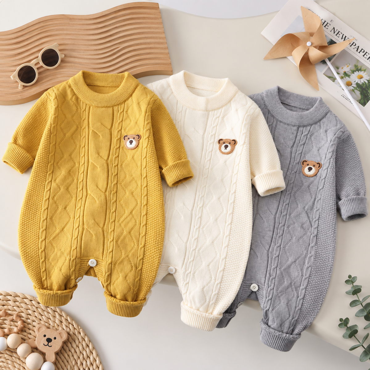 Baby Bear Cable Knit Romper – 1PC | 3 Colors | Faba Kids