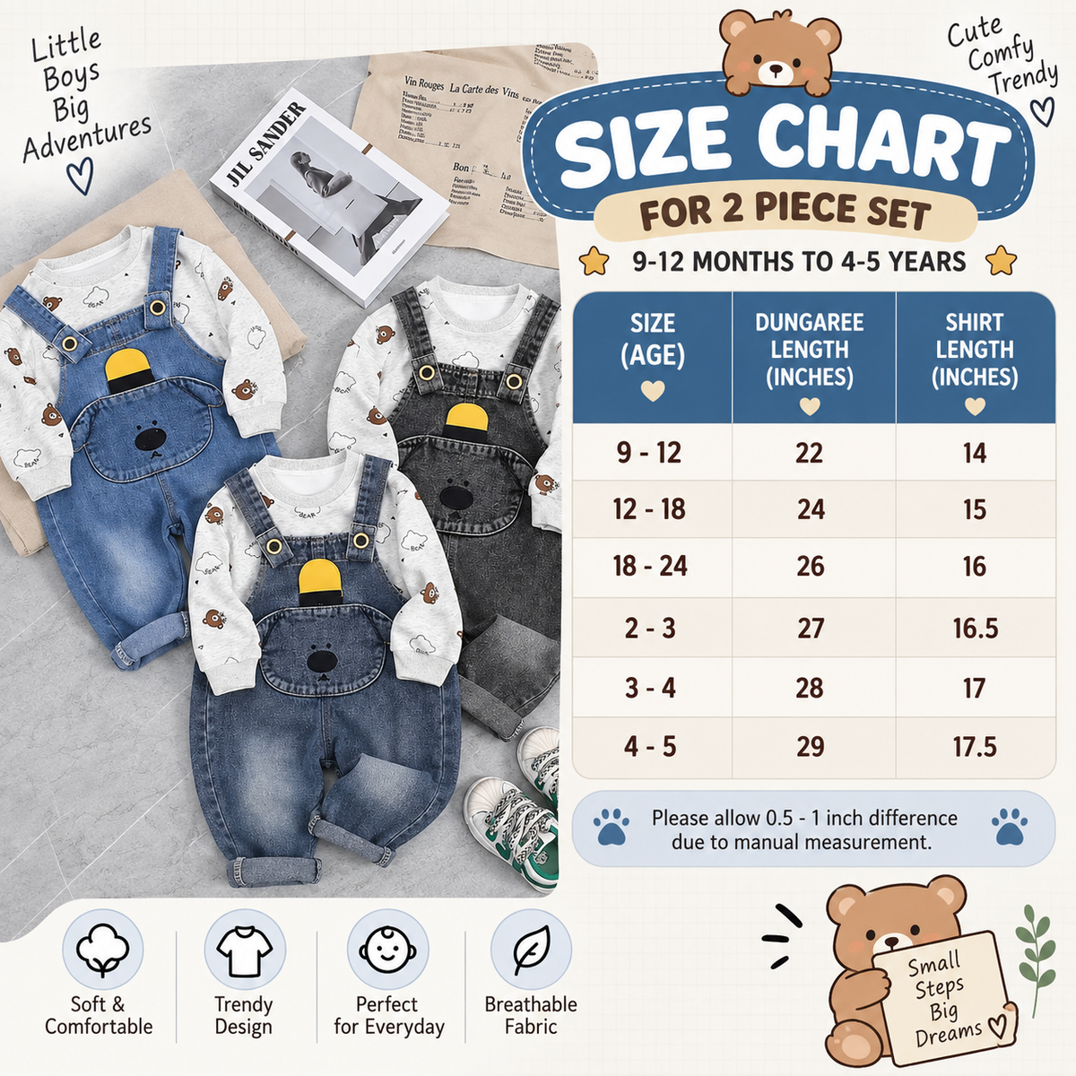Boys 2PC Bear Denim Dungaree & Printed Shirt Set – 3 Colors | Faba Kids