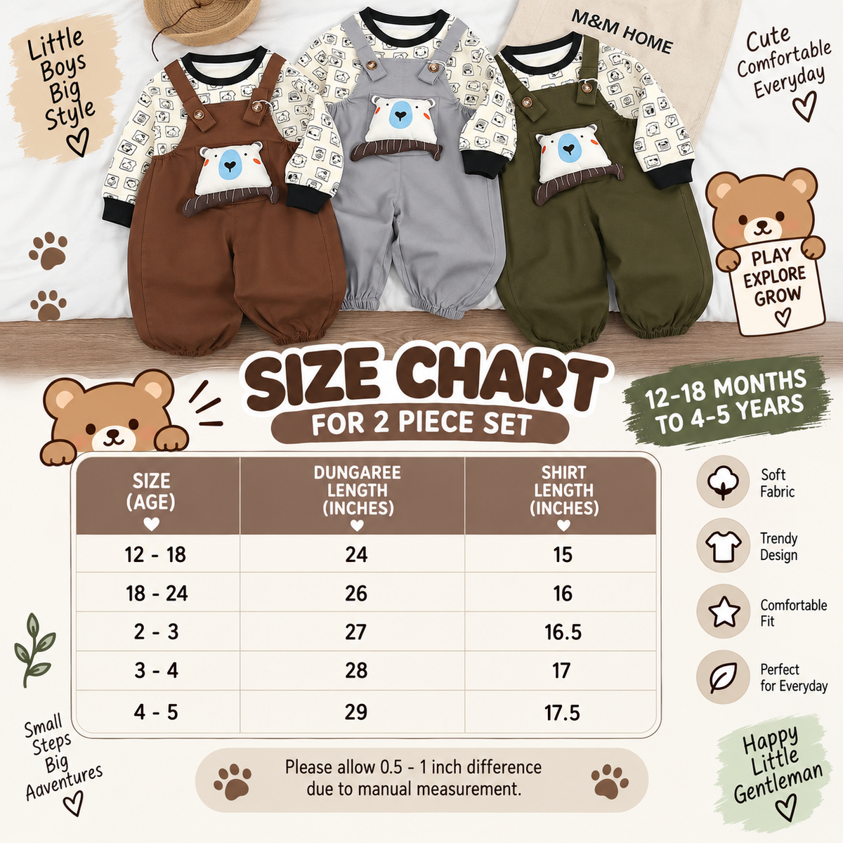 Boys 2PC Bear Dungaree & Printed Shirt Set – 3 Colors | Faba Kids