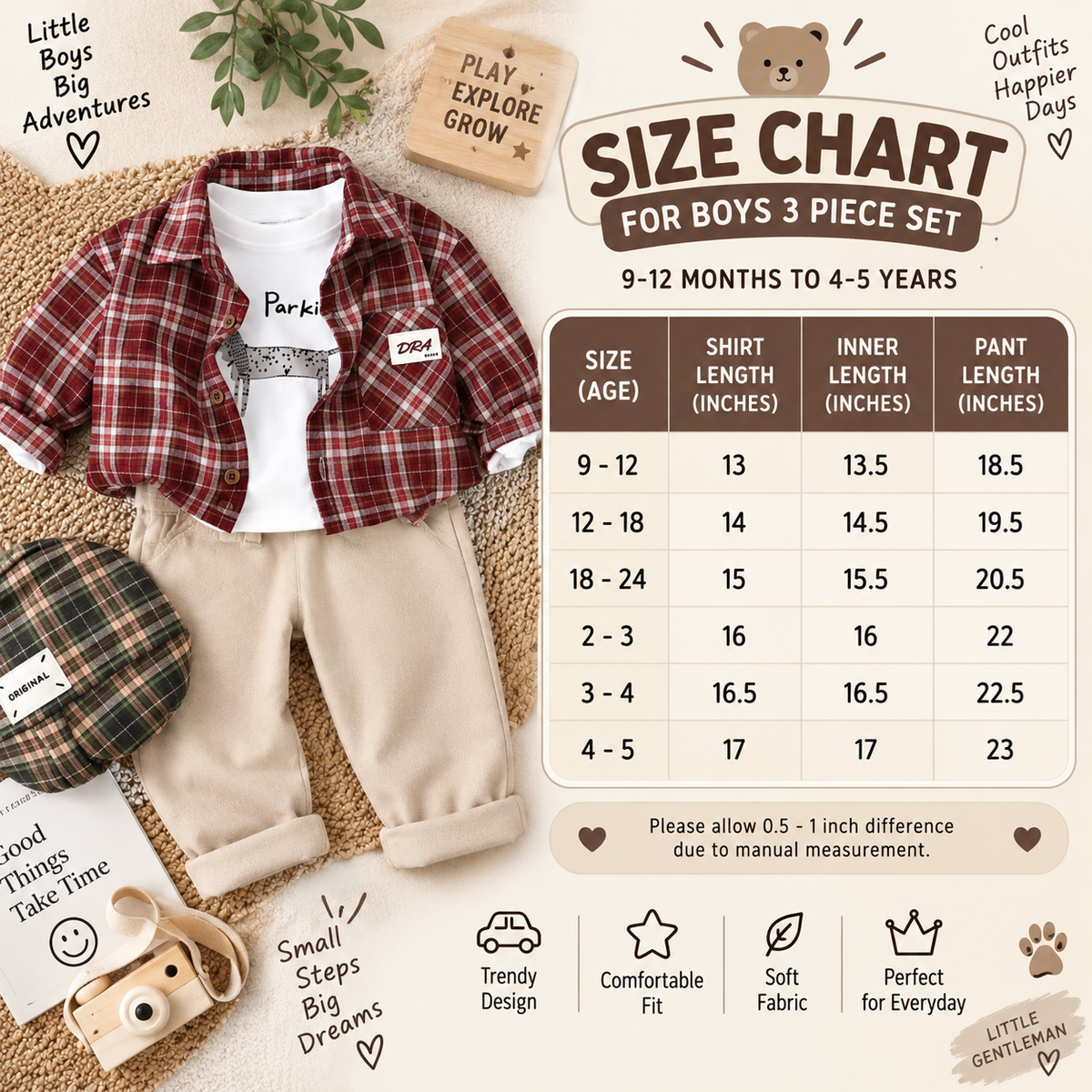 Boys 3PC Check Shirt, Inner Tee & Pants Set | Faba Kids