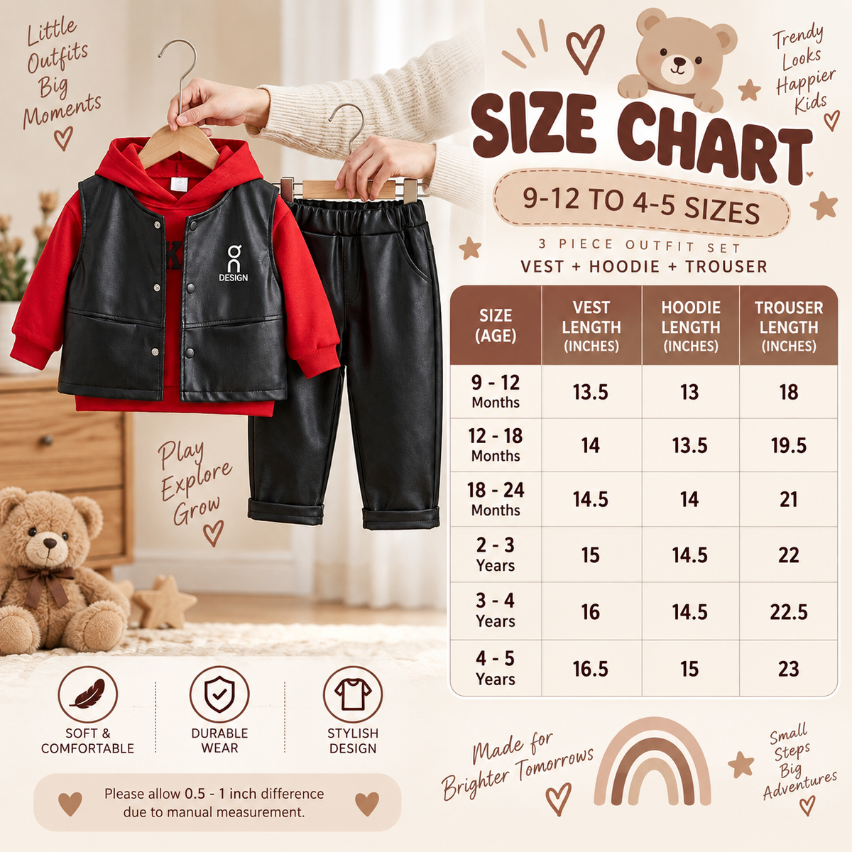 Kids 3-Piece Faux Leather Vest, Hoodie & Trouser Set – 2 Colors | Faba Kids