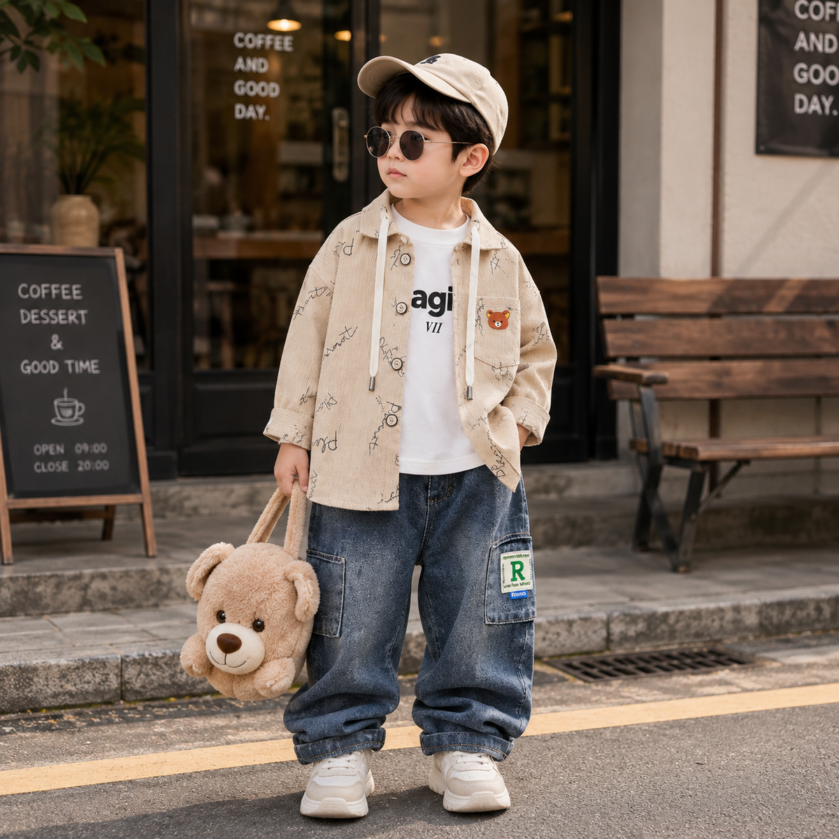 Boys 3-Piece Hooded Shirt & Denim Pants Set – 3 Colors | Faba Kids