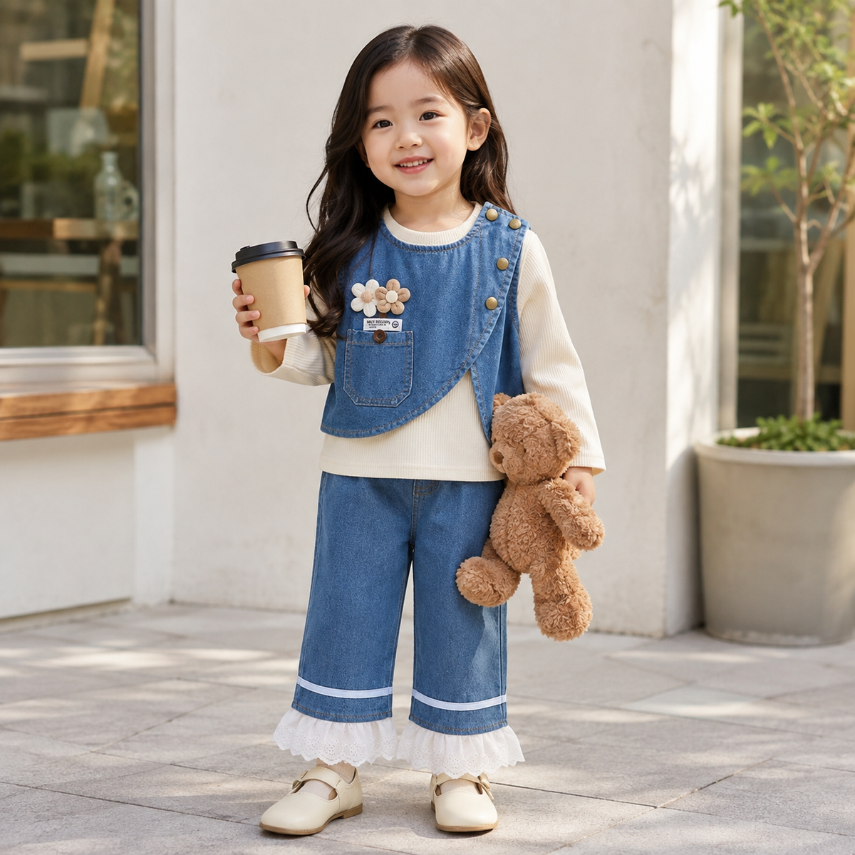 Girls Denim Vest 3-Piece Outfit Set with Lace Hem Pants | Faba Kids