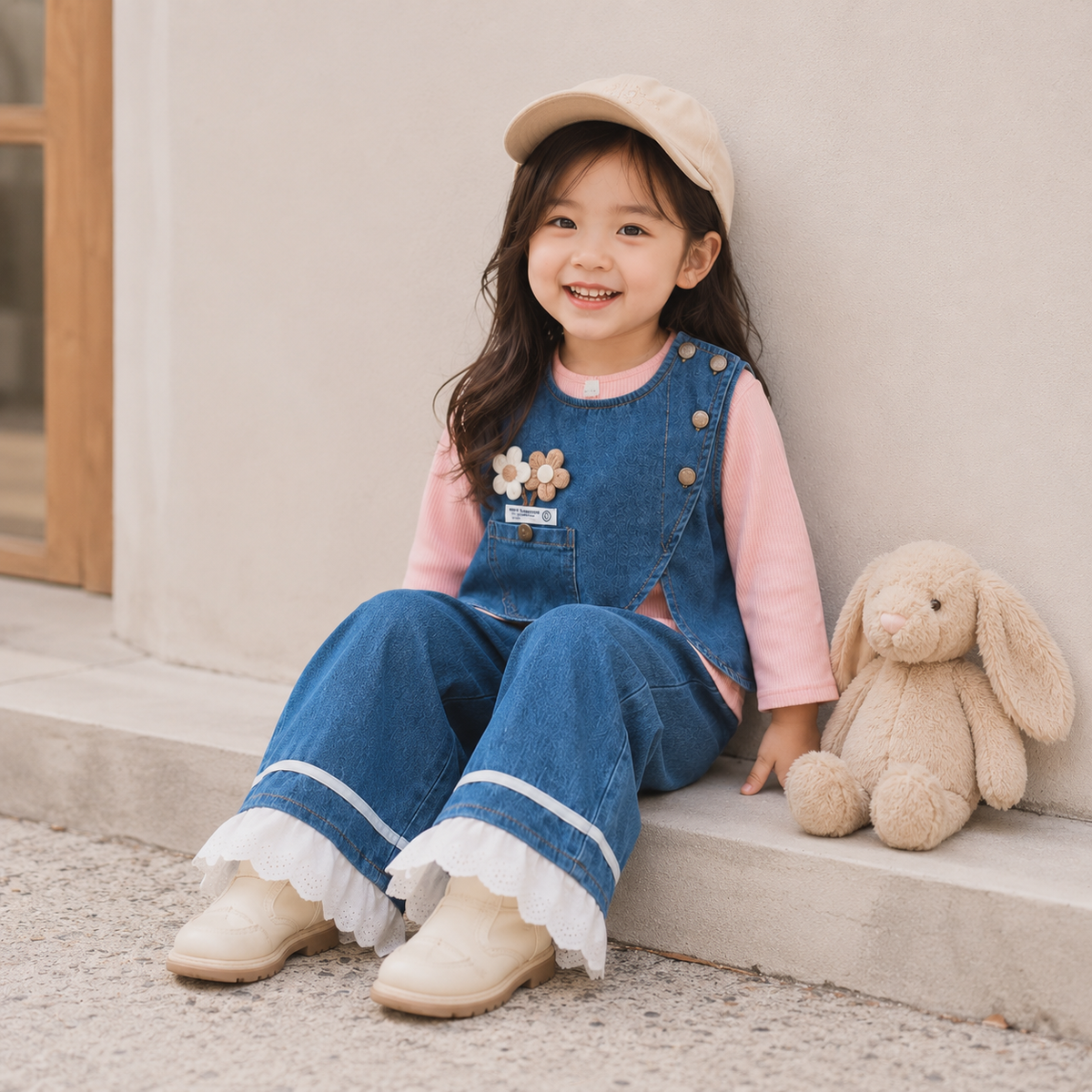 Girls Denim Vest 3-Piece Outfit Set with Lace Hem Pants | Faba Kids