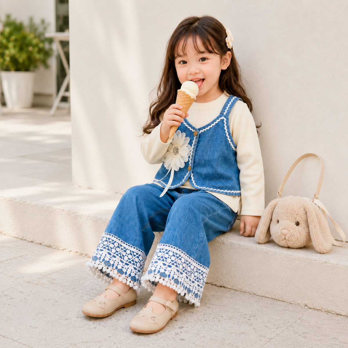 Baby Girl Denim Vest & Lace Hem Pants 3-Piece Outfit Set | Faba Kids