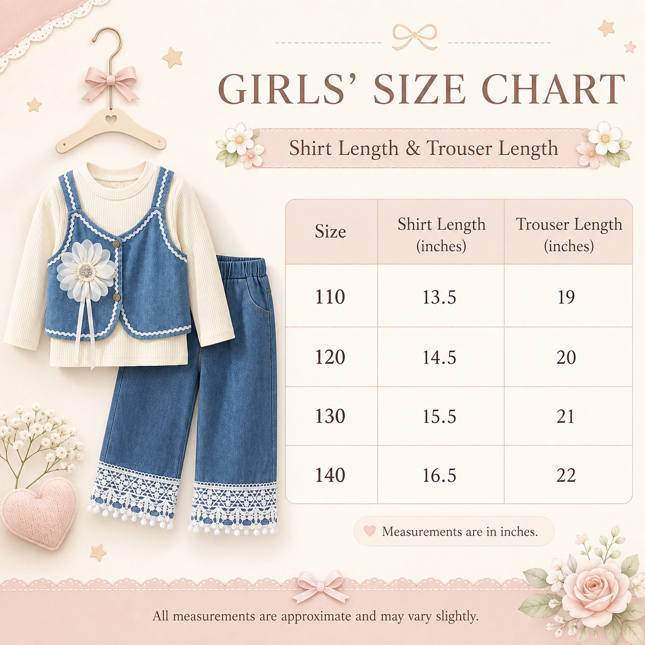 Baby Girl Denim Vest & Lace Hem Pants 3-Piece Outfit Set
