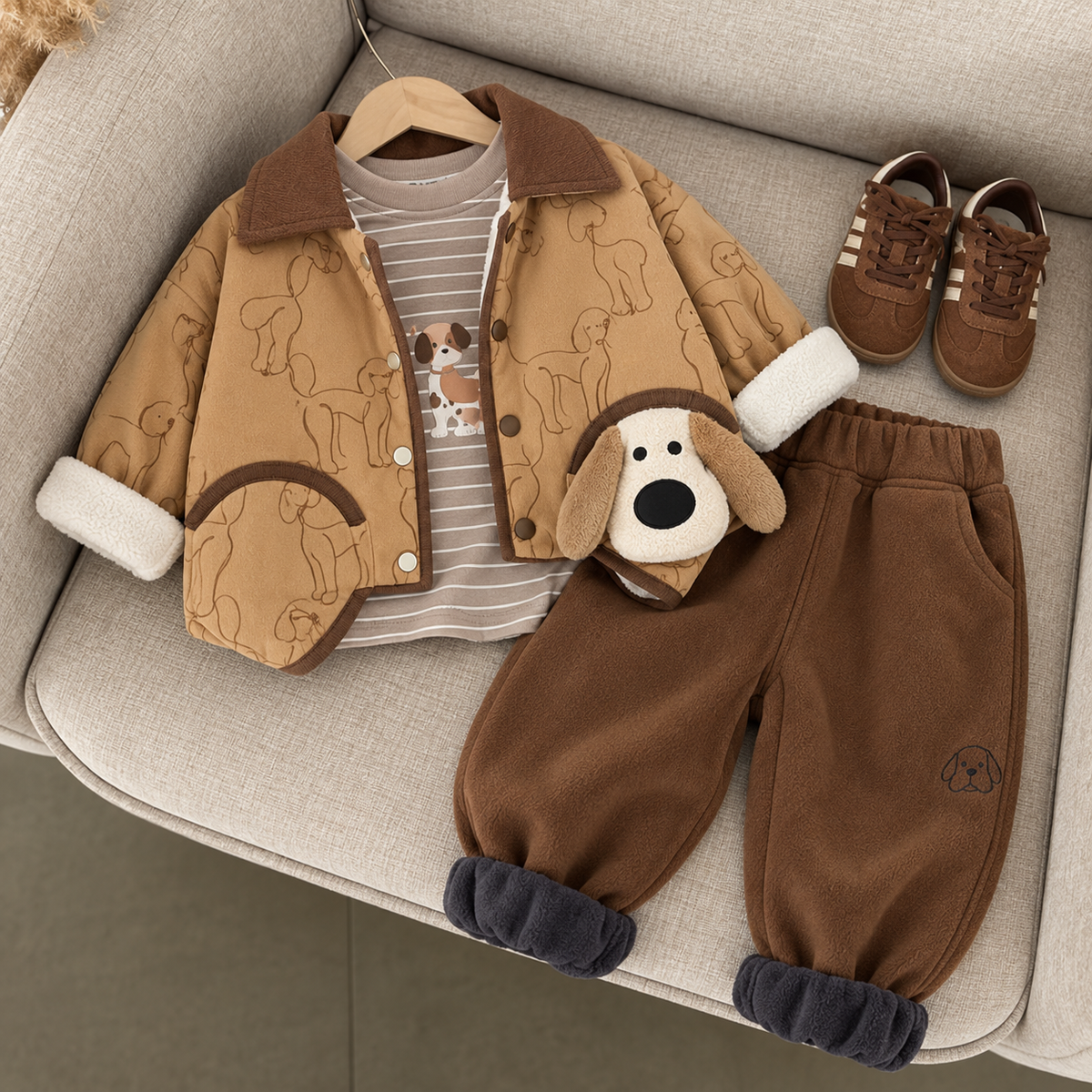 Brown puppy-outline print boys jacket suit flat lay on a sofa, with snap-front jacket, raised dog-face pocket detail, striped puppy shirt and Brown jogger trousers.
