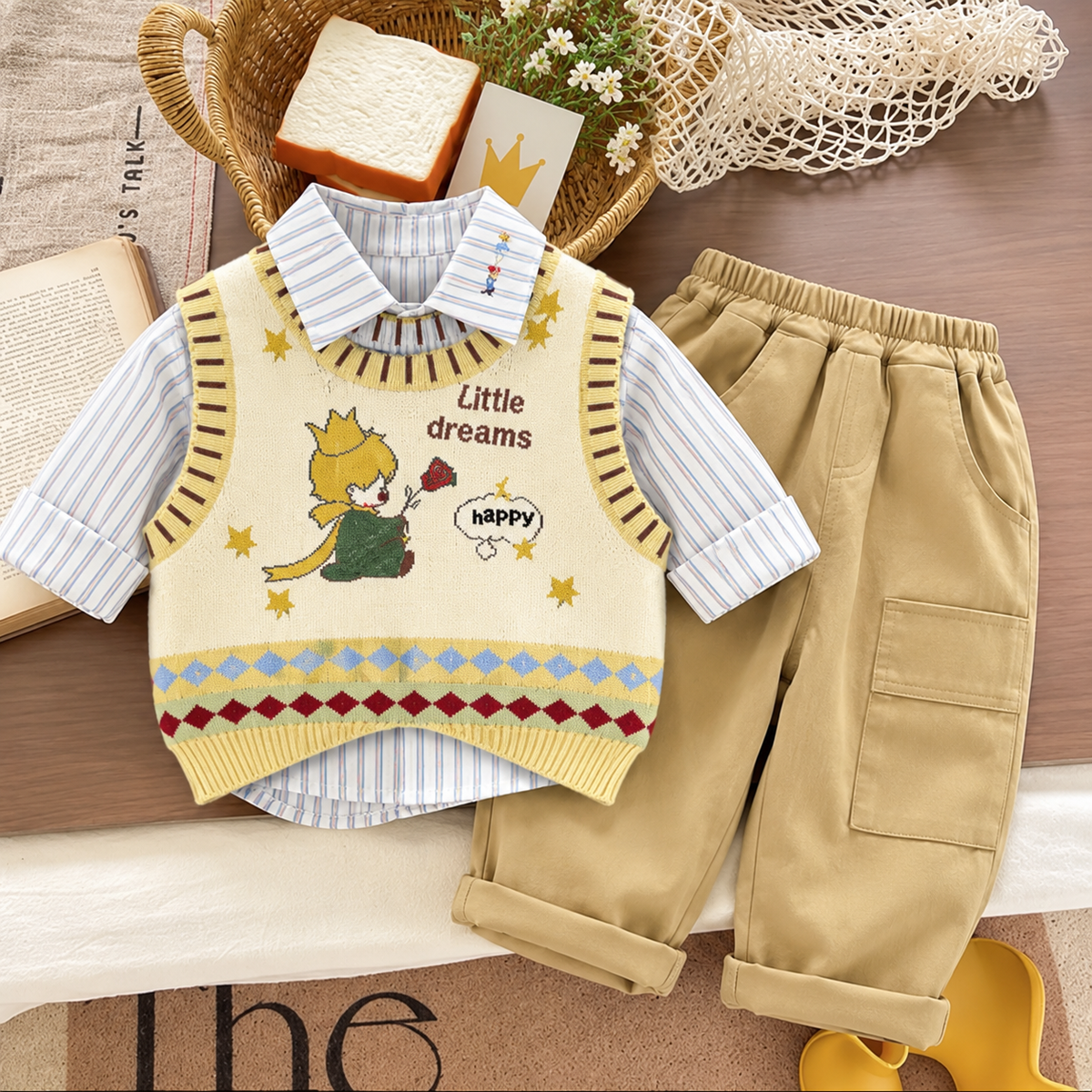 Yellow-trim Little Dreams fox knit-look vest layered over a striped shirt with Khaki elastic-waist cargo trousers in a flat lay.