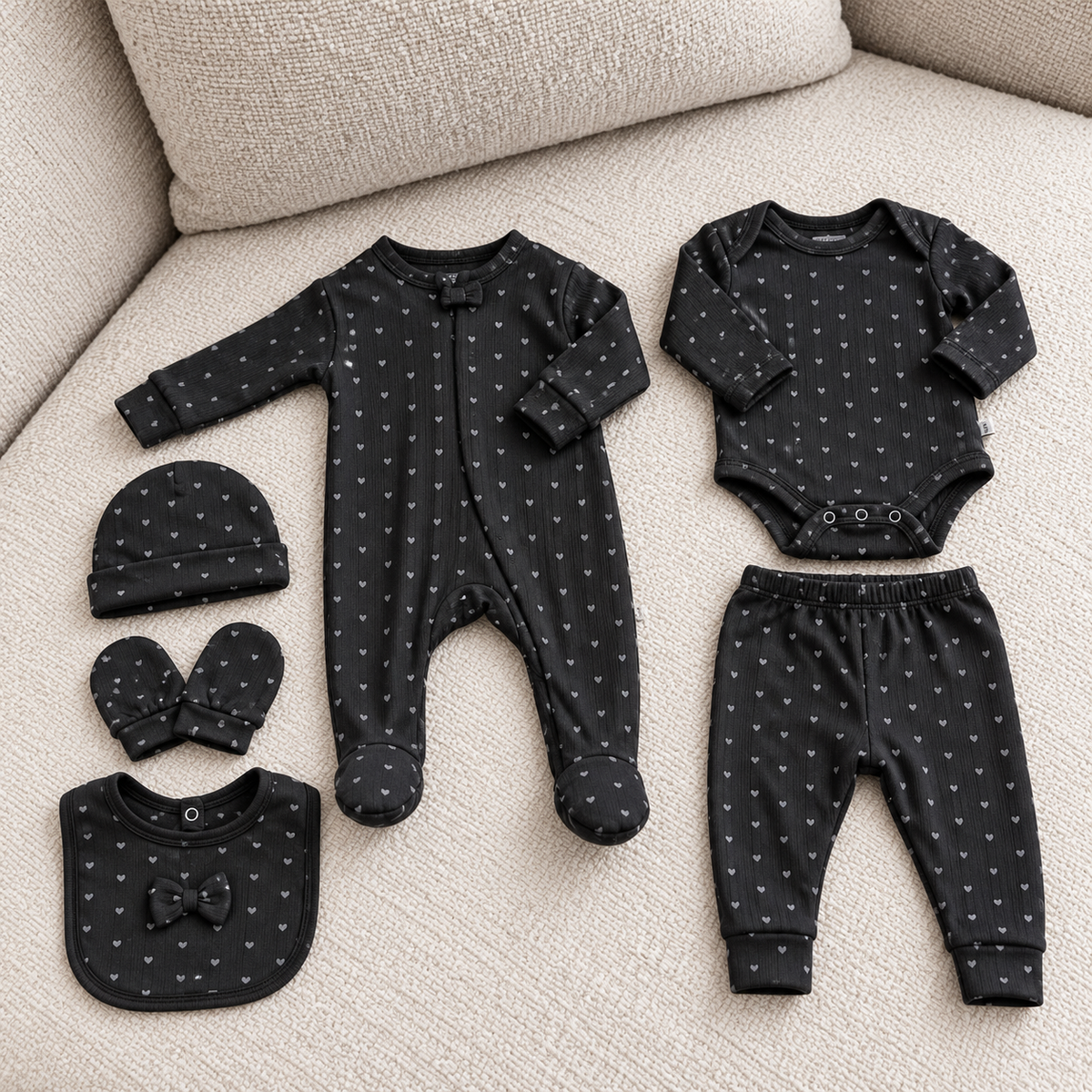 Black newborn 6pc starter set displayed on a cream sofa, featuring a tiny heart-print footed zip romper, matching bodysuit, cuffed trouser, cap, mittens and bow bib.