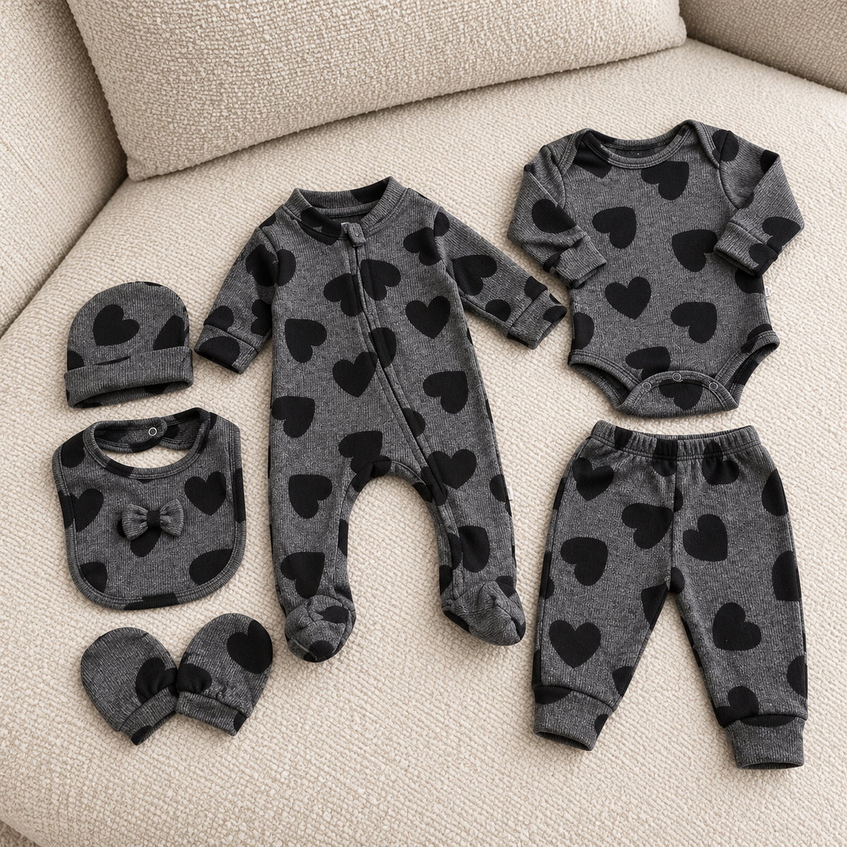 Grey newborn 6pc starter set arranged on a cream sofa, showing the Black heart-print footed zip romper, bodysuit, trouser, cap, mittens and bow bib.