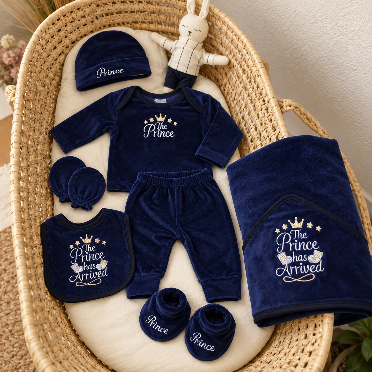 Navy Blue baby Prince velvet starter set laid in a wicker bassinet, with Prince embroidered cap and booties plus a matching royal-message blanket.