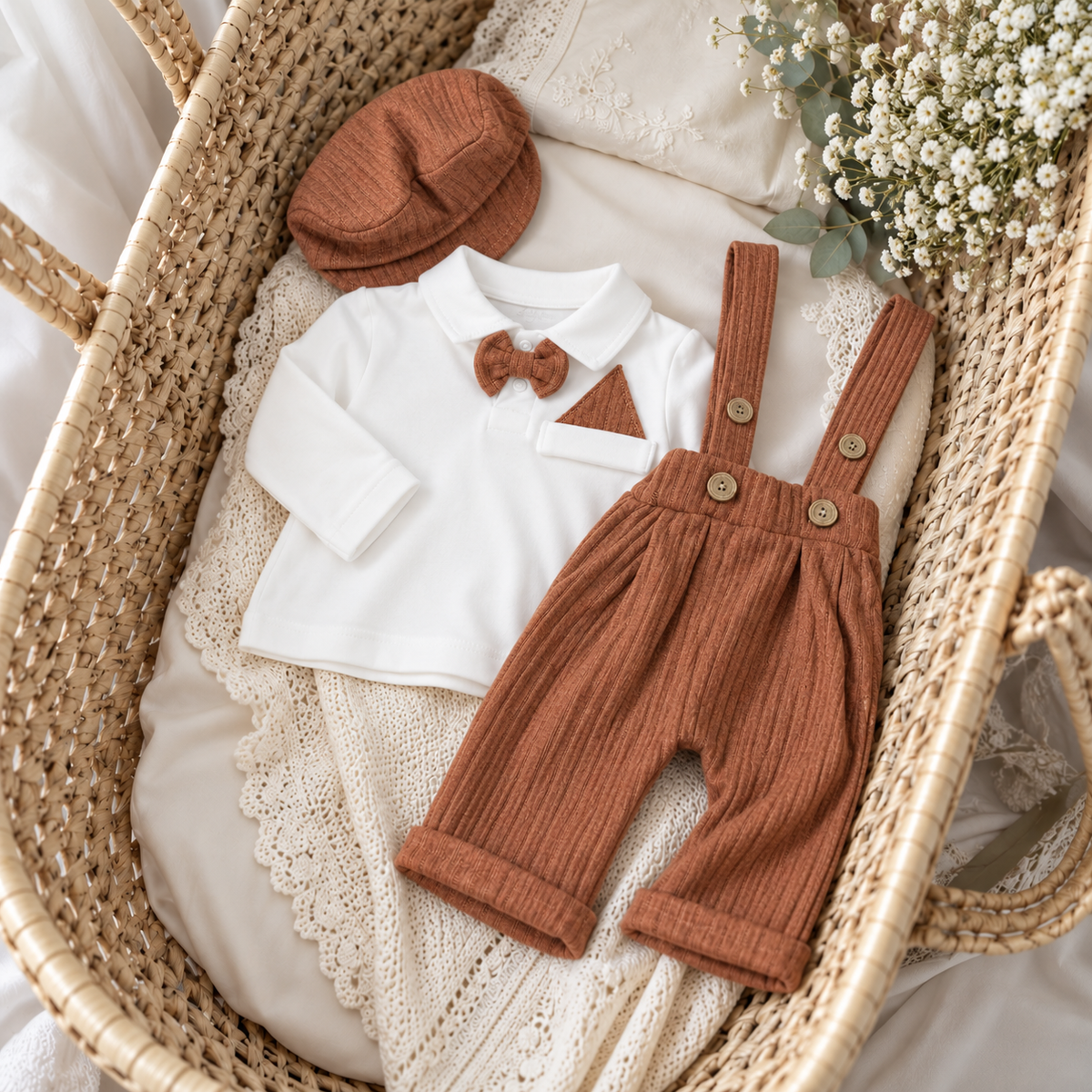 Brown ribbed dungaree suit 3pc set laid flat in a wicker bassinet, showing the matching cap, bow tie and chest pocket square