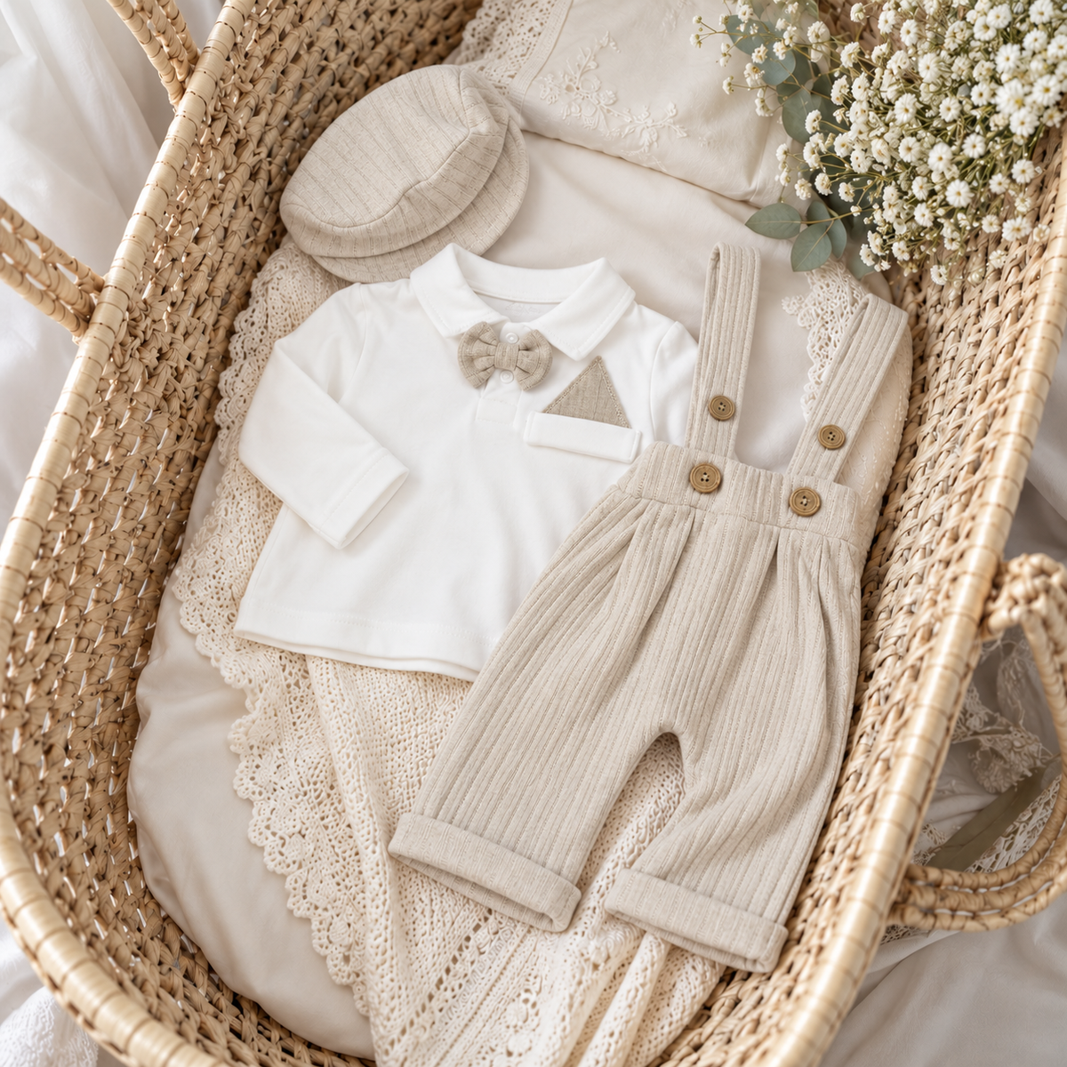 Beige baby dungaree suit 3pc set displayed in a wicker bassinet with White bow-tie shirt, button-strap trousers and matching cap