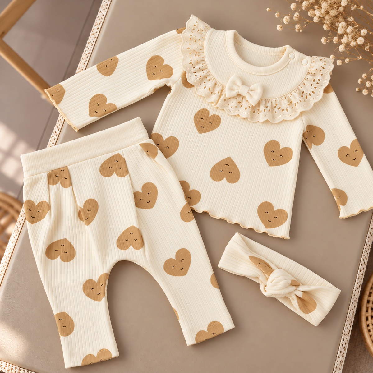 Overhead product presentation of the offwhite-toned ribbed baby 3pc suit with smiling bear-face print, relaxed trousers and matching knotted headband.
