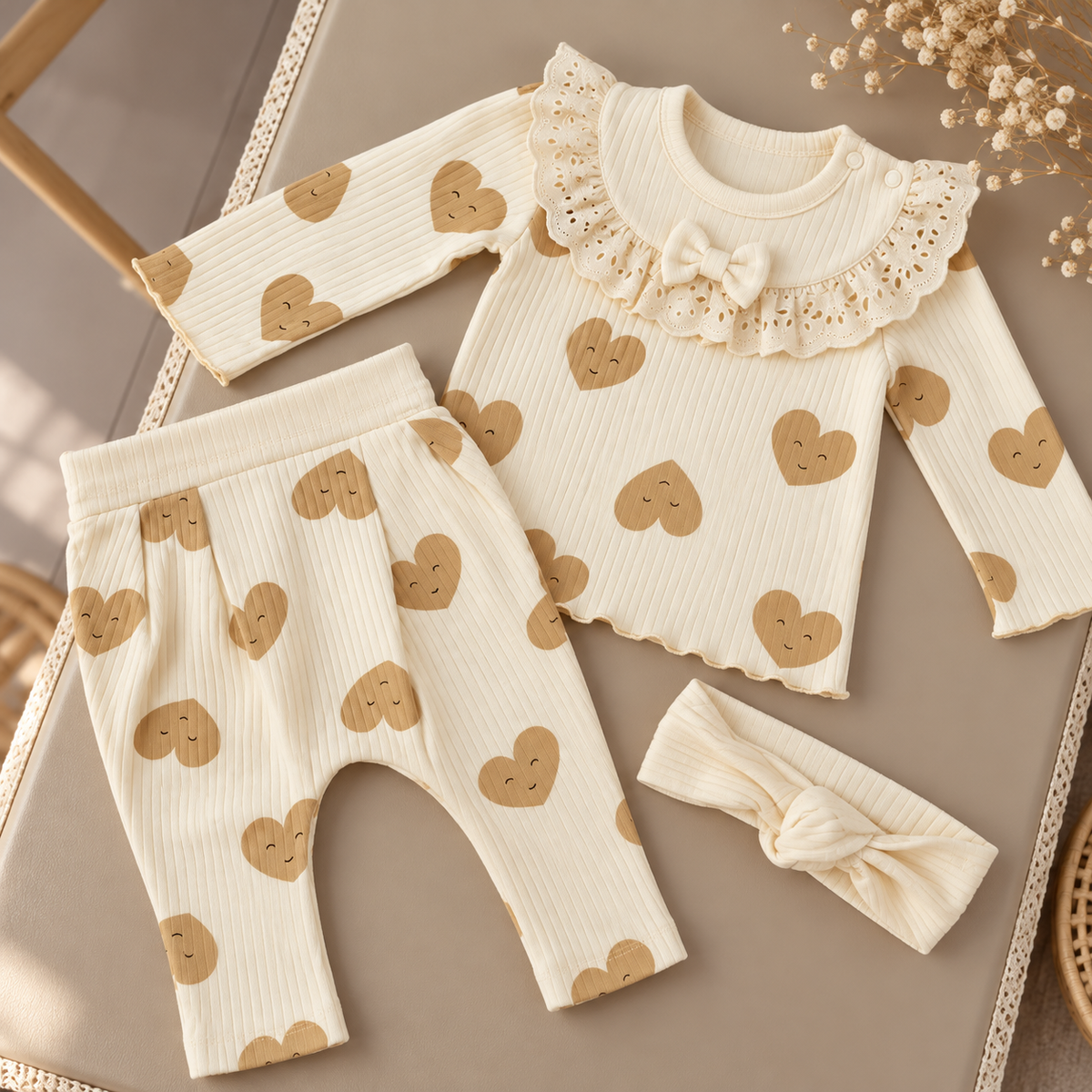 Cream ribbed baby 3-piece suit laid flat, showing the bear-face print ruffle-collar top, matching trousers and knotted bow headband.