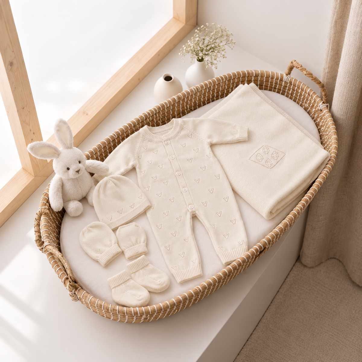 Cream five-piece baby knit starter set displayed in a woven bassinet with a footed button-front romper, matching cap, mittens, booties and folded blanket.