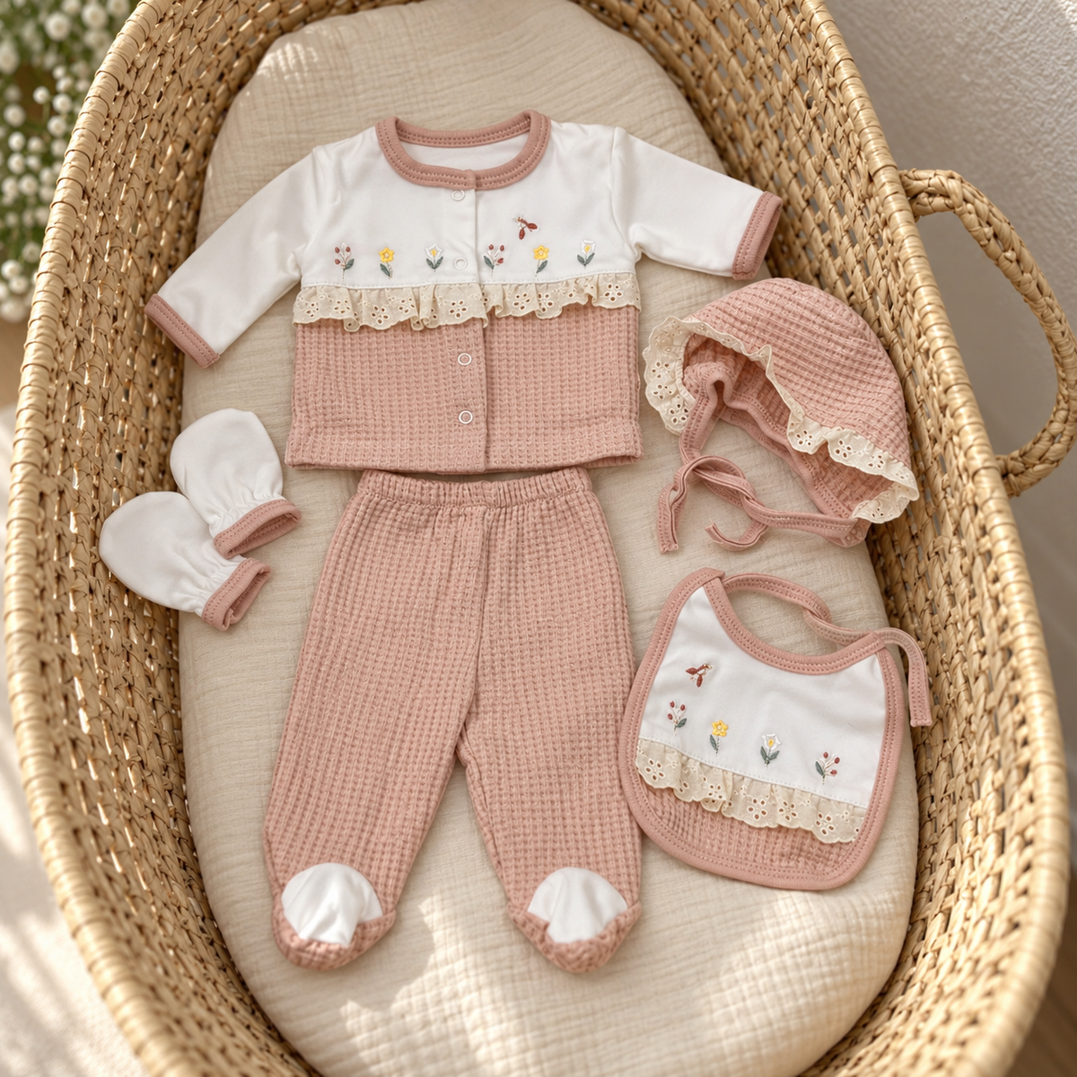 Pink floral eyelet knit 5-piece newborn starter set arranged in a wicker bassinet, featuring embroidered flowers and eyelet ruffle trims.