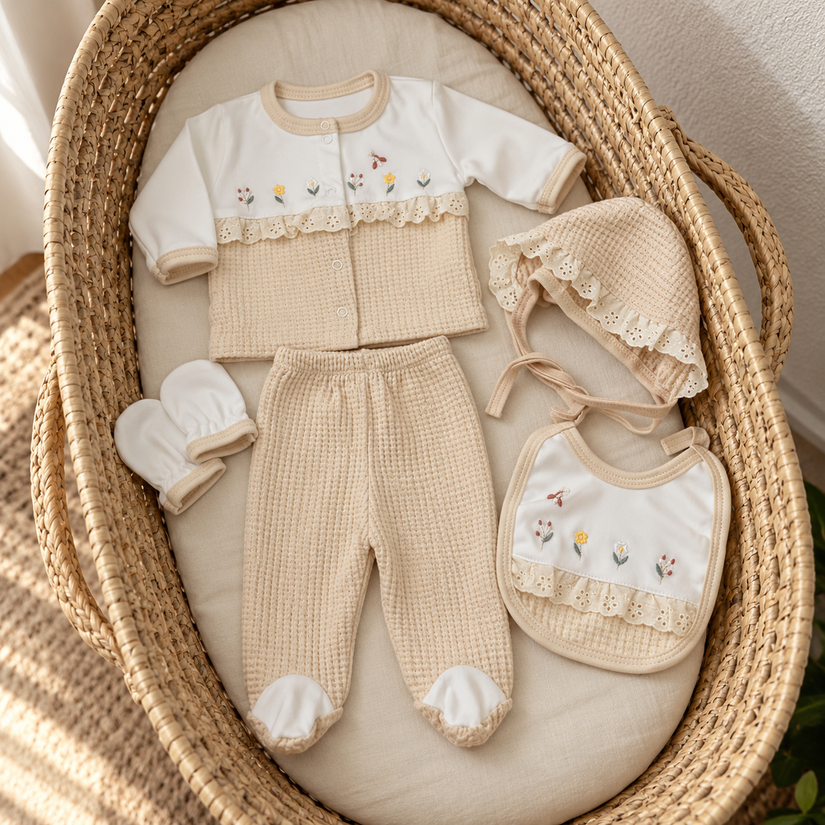 Cream floral eyelet knit 5-piece newborn starter set displayed in a wicker bassinet, showing the top, footed trousers, bonnet, mittens and bib.