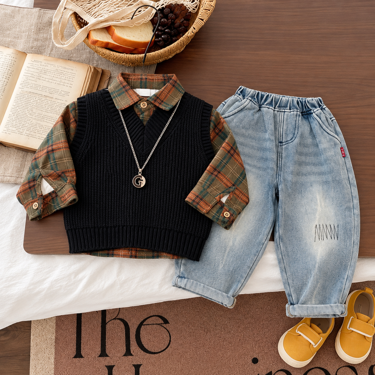 Black ribbed V-neck knit-look vest with Green and Brown check shirt and faded light Blue denim-look trousers in a flat lay.