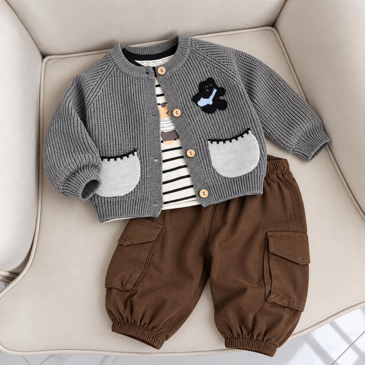 Grey knit-look button cardigan with contrast light Grey pockets, striped inner shirt and Brown cuffed cargo trousers displayed flat on a cream sofa.