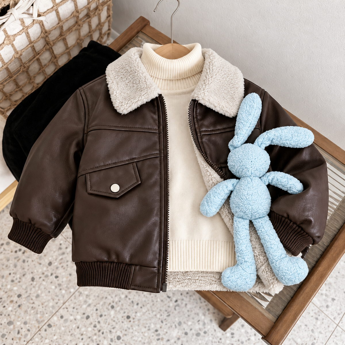 Flat-lay of Brown kids leather-look jacket with Cream sherpa-look collar, front zip and Light Blue bunny detail.