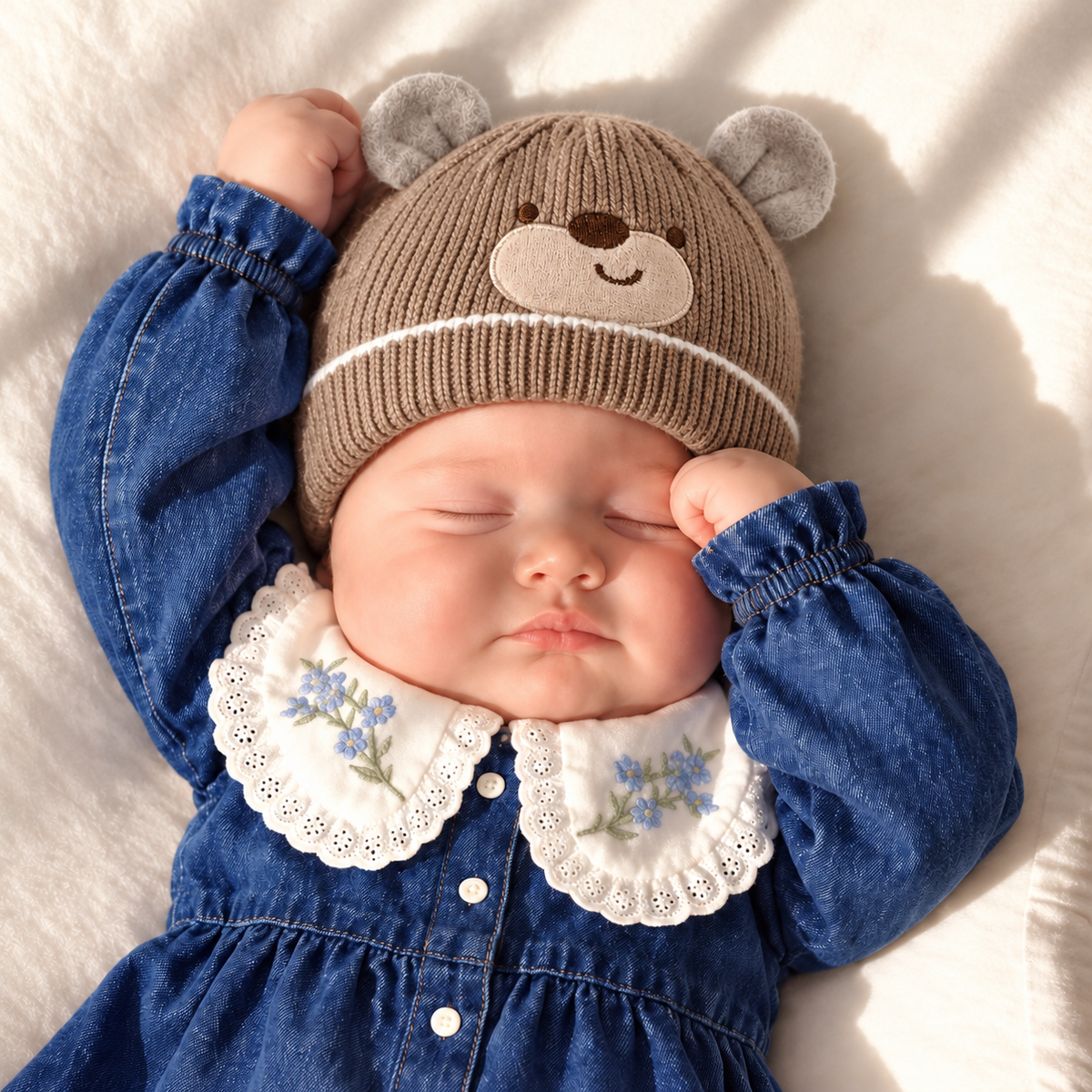 Sleeping baby model wearing a Brown ribbed winter cap with rounded Grey bear ears, bear-face embroidery and contrast cuff stripe.
