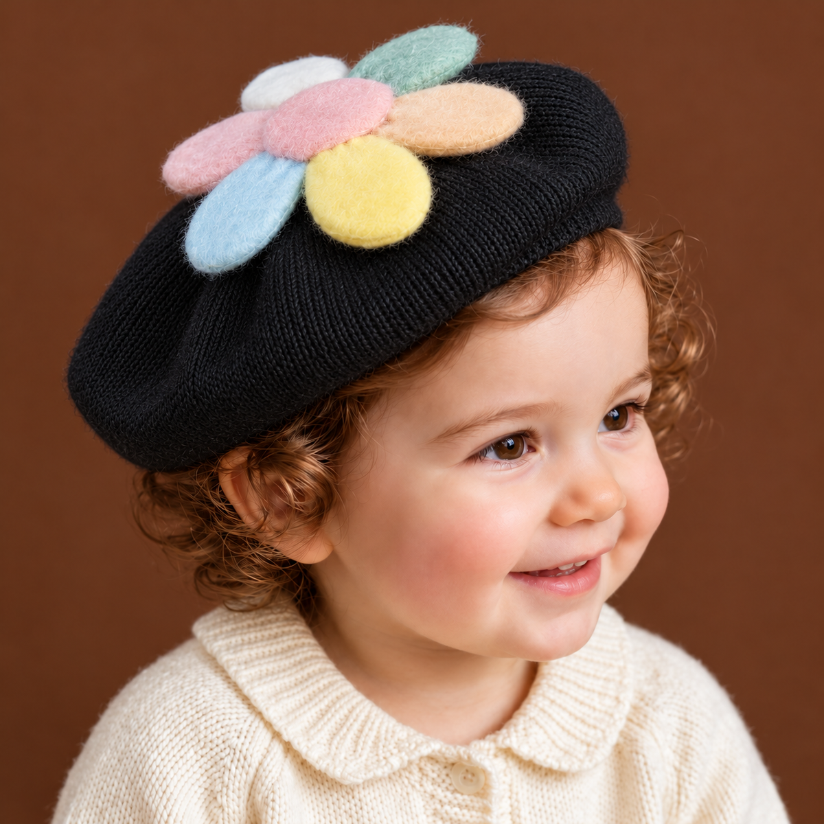 Toddler wearing a Black knitted-look beret cap decorated with a raised pastel flower applique in a close lifestyle portrait.